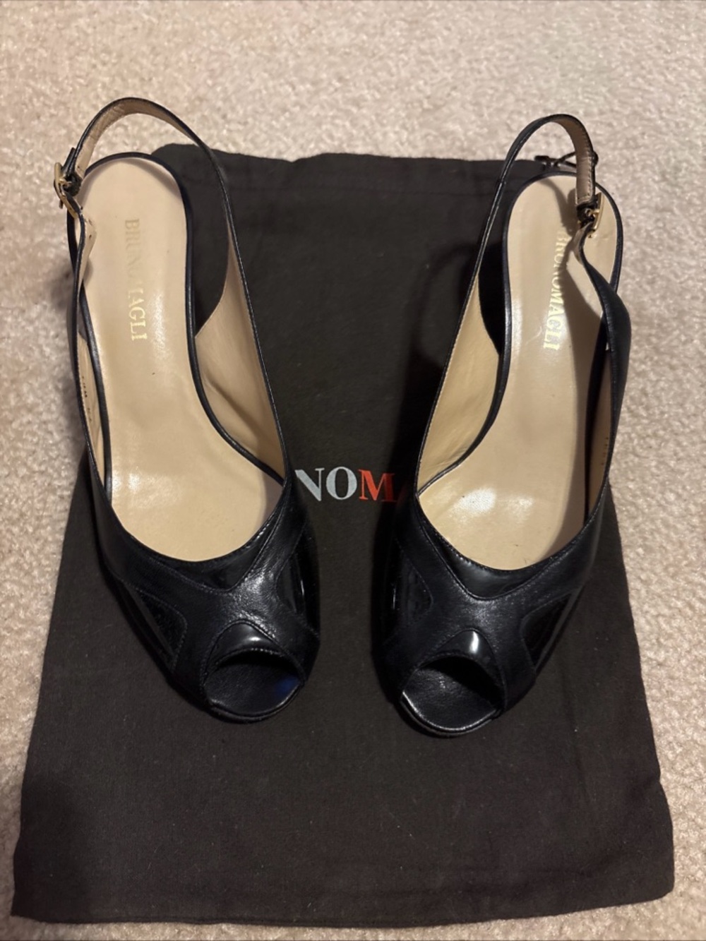 Manolo Blahnik Black Leather Peep-Toe Slingback Heels